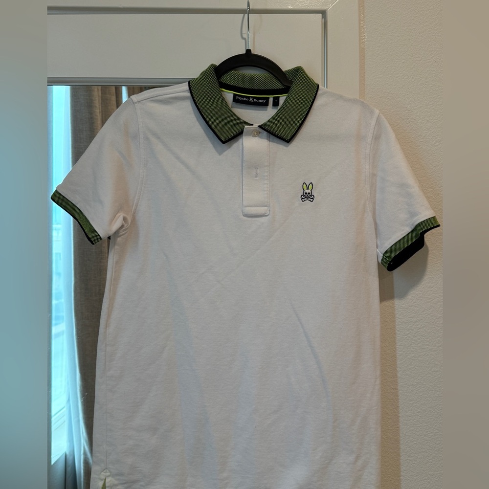 White navy and green psycho bunny polo